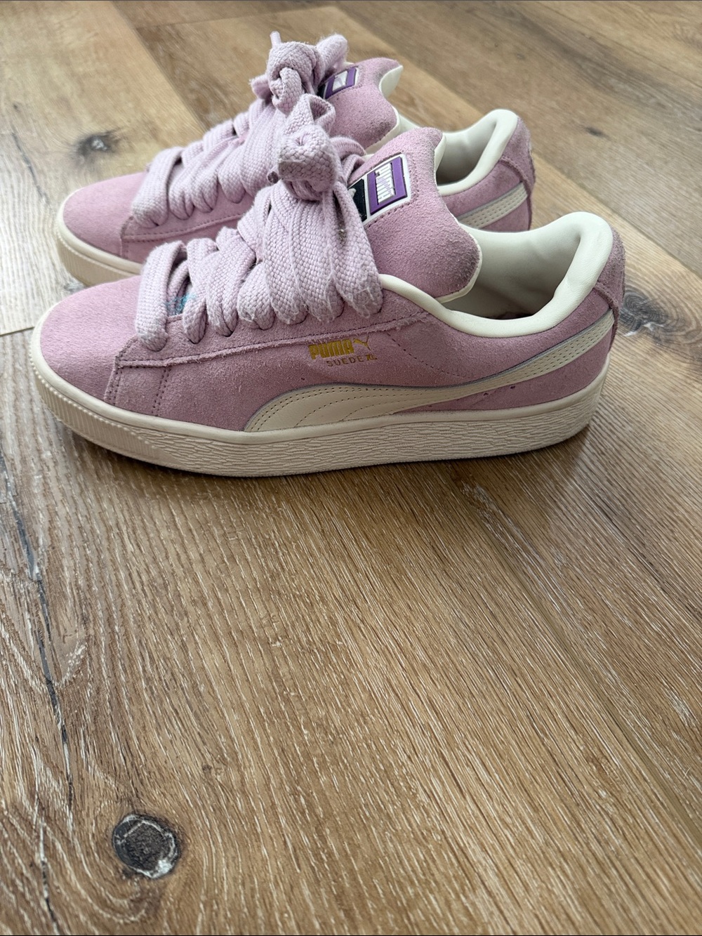 Puma Womens Pink Suede XL Sneakers with Cream Accents